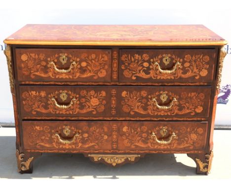 18th century style marquetry inlaid chest of two short and two long drawers on bracket feet, 90cm x 113cm  .    