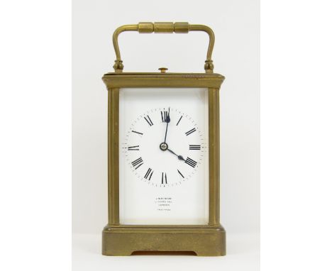 Brass and glass repeating carriage clock, retail mark for JW Benson, London, with eight day repeating lever movement, 17cm.  