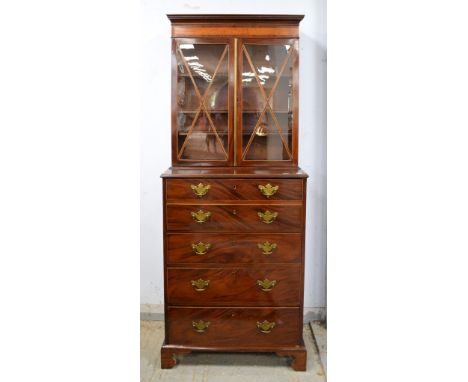 19th century mahogany rosewood cross banded and  satinwood strung secretaire bookcase, top with two astragal glazed doors abo