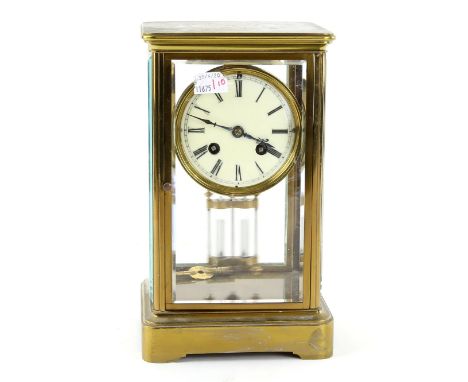 Late 19th century French four glass mantel clock with white enamel circular dial, black painted Roman numerals with two glass