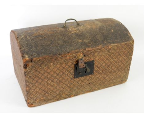 Late 18th/early 19th century decorated small trunk with top handle, the interior with interesting trade label for J Woodman o