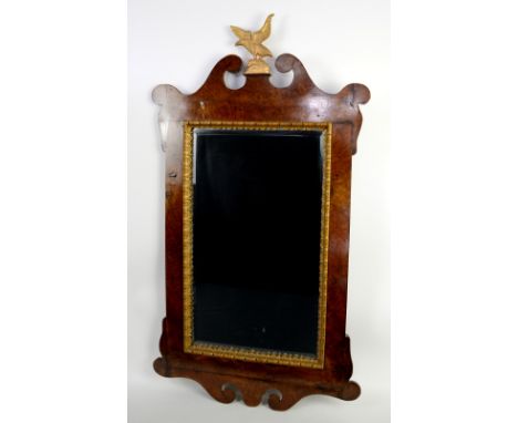19th century burr walnut fret frame mirror with eagle finial, 102cm x 56cm .    