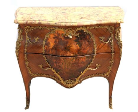 18th century style French marble topped bombe two drawer commode with central painted cartouche of a group playing Blind Mans