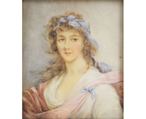 19th century portrait miniature on ivory of a young lady with blue ribbon in her hair, white top and a pink cloth draped over