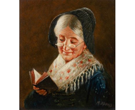 Max Krauss. Geb. 1902 in Karlsbad. War u.a. in München und Berlin tätig. Sign. Portrait einer alten Dame in Tracht beim Lesen