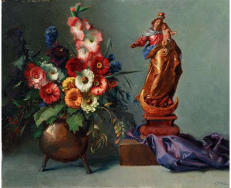 Hans Strobl. 1913 Bezau - 1974 Schwarzach. Sign. Stilleben mit prächtigem Blumenstrauß in Dreifuß neben Mondsichelmadonna. Öl