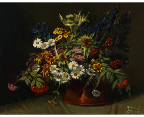 Franziska (Franzi) Strobl. 1915 Leoben - 2005 Alberschwende. Studierte u.a. an der ABK Wien. Sign. Sommerblumenstrauß in Kupf
