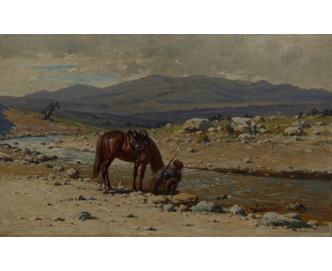 Richard Karlovich Zommer. 1866 München - 1939 Russland. Sign. Rastender Kaukasier mit seinem Pferd an einem Fluss. Öl/Lwd. 40