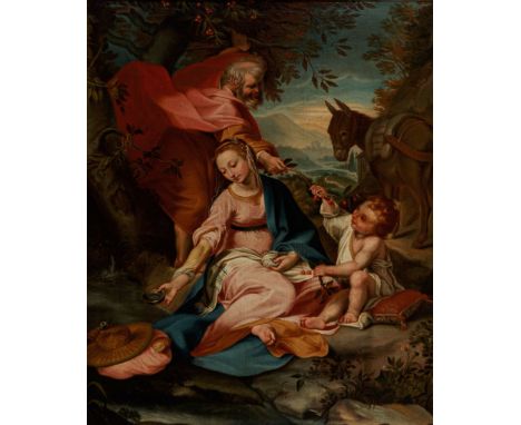 Venezianischer Maler des 18. Jh. nach Federico Fiori, gen. Barocco. Die Madonna mit den Kirschen. Heilige Familie, auf der Fl