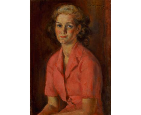 A. Kuzmaniy. Sign. und 1939 dat. Halbfigürliches Portrait einer jungen Frau im rosa Kleid. Öl/Lwd. 76 x 53,5 cm. R