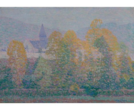 Charles Johann Palmié. 1863 Aschersleben - 1911 München. Sign., (19)06 dat. und Ortsbez. Giverny. Blick über Bäume auf die Ki