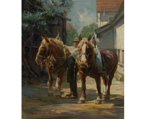 Hans Nickel. 1916 Böhmen - 1987 Bonn. Sign. Bauer mit zwei Pferden auf dem Hof. Öl/Lwd. 70 x 60 cm. R