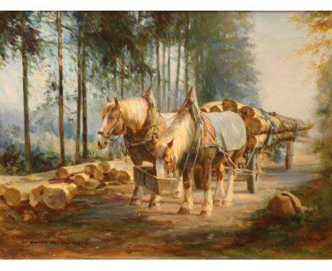 Hans Nickel. 1916 Böhmen - 1987 Bonn. Sign. Zwei Pferde mit Langholzfuhrwerk im Wald. Öl/Lwd. 60 x 80 cm. R