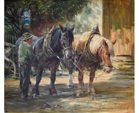 Hans Nickel. 1916 Böhmen - 1987 Bonn. Sign. Bauer mit zwei eingeschirrten Pferden. Öl/Lwd. 70 x 80 cm. R