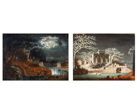 Theatermaler des 19. Jh. Paar Kulissenentwürfe: Winterlandschaft mit Tempel - Mondschein über Flusslauf. Öl/Lwd. auf Holz. Je