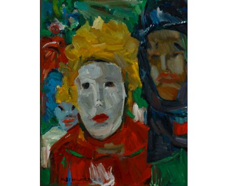 Karl Schwärzler. 1907 - Lustenau - 1990. Sign. Entstanden 1989. Fasnachtsmasken. Öl/Lwd. 50 x 40 cm. R