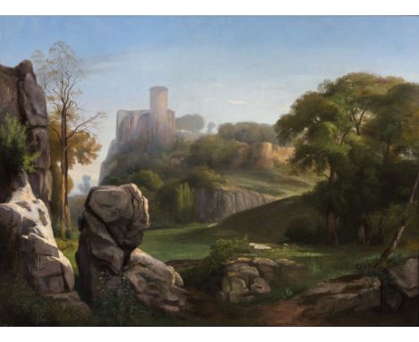 Gustave Joseph Noel. 1823 - Paris - 1881. Sign. und 186() dat. Romantische Flusslandschaft mit malerischer Burgbefestigung. Ö