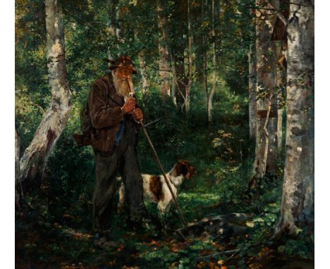 Erich Niedmann. 1868 München - 1905 Kochel am See. Sign. und 1896 dat. Portrait eines alten Jägers mit seinem Hund im Birkenw