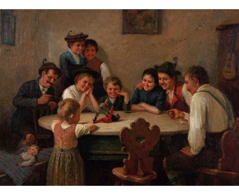Münchner Maler Ende 19. Jh. Undeutlich sign. und Ortsbez. München. Zwei Männer führen zahlreichen Kindern und Erwachsenen an 
