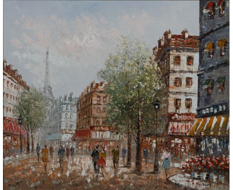 Zeitgenössischer Maler. Undeutlich sign. Pariser Straßenansicht im Frühling. Öl/Platte. 52 x 62 cm. R