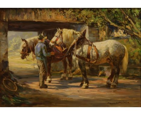 Hans Nickel. 1916 Böhmen - 1987 Bonn. Sign. Bauer mit zwei Pferden im Geschirr. Öl/Lwd. 50 x 70 cm. R