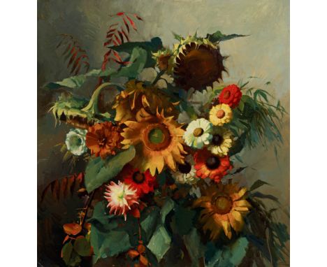 Hans Strobl. 1913 Bezau - 1974 Schwarzach. Sign. Prachtvoller Sommerblumenstrauß. Öl/Platte. 80 x 76,5 cm. R