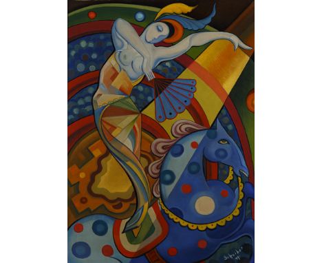 Hugó Scheiber. 1873 - Budapest - 1950. Sign. Nixe mit Fächer und Pferd. Öl/Lwd. 69 x 48,5 cm. R
