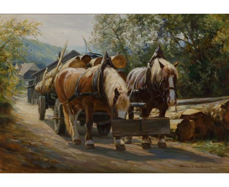Hans Nickel. 1916 Böhmen - 1987 Bonn. Sign. Zwei Pferde mit Raufe und Langholzfuhrwerk. Öl/Lwd. 70 x 100 cm. R