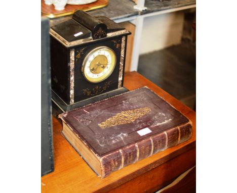 LEATHER BOUND FAMILY BIBLE &amp; VICTORIAN SLATE MANTLE CLOCK     