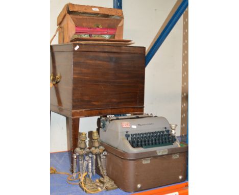 OLD VANITY BOX (DISTRESSED), MAHOGANY UNIT, VINTAGE TYPEWRITER &amp; PAIR OF ORNATE WALL LIGHT FITTINGS WITH CRYSTAL DROPS   