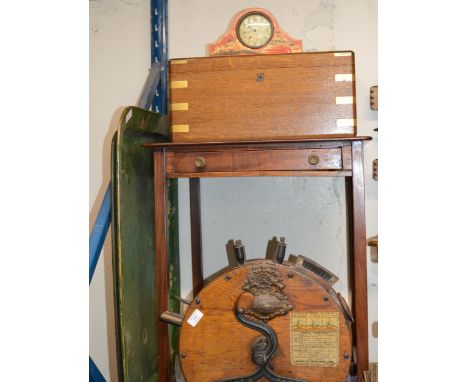 LARGE PAPER MÂCHÉ TRAY, BRASS BOUND BOX, MAHOGANY TABLE &amp; CHINOISERIE MANTEL CLOCK     