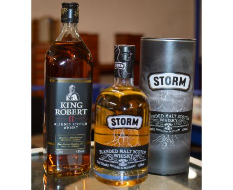 STORM BLENDED MALT SCOTCH WHISKY, WITH PRESENTATION BOX - 70CL, 43% VOL &amp; KING ROBERT II BLENDED SCOTCH WHISKY - 1 LITRE,