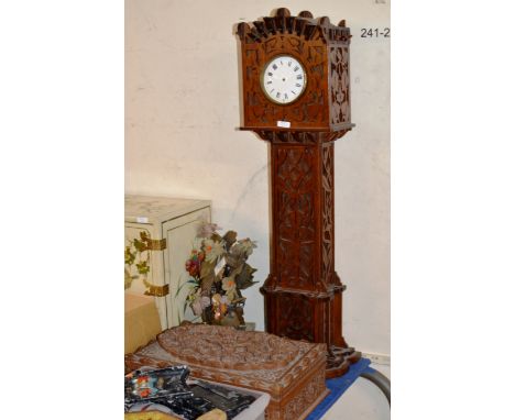 ORNATE MINIATURE GRANDFATHER CLOCK, DECORATIVE CARVED WOODEN BOX &amp; ARTIFICIAL HARDSTONE PLANT DISPLAY     