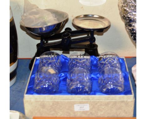 BOXED SET OF 6 EDINBURGH CRYSTAL TUMBLERS &amp; SET OF MODERN SCALES     