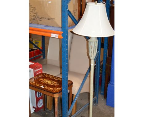 MUSICAL SEWING TABLE, MODERN FLOOR LAMP &amp; PAIR OF MODERN PADDED CHAIRS     