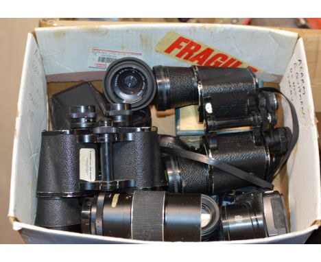 BOX WITH BINOCULARS, CAMERA ACCESSORIES ETC     