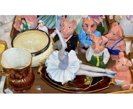 TRAY WITH CLARICE CLIFF FRUIT BOWL, NAO FIGURINE, CARLTON WARE PORCELAIN, WADE PIGGY BANKS ETC