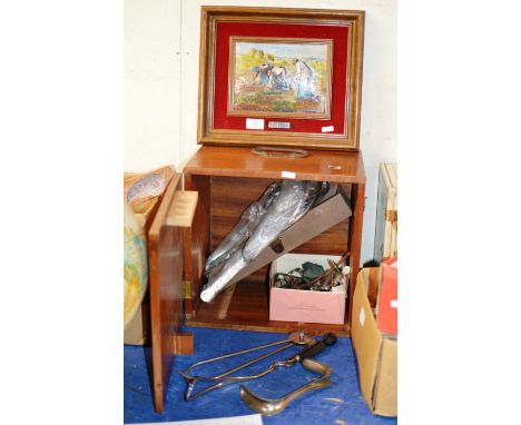 MAHOGANY CASE WITH OLD INSTRUMENTS, FRAMED PAINTED PANEL     