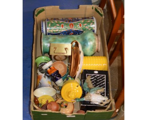 BOX WITH GENERAL CERAMICS, WALL DUCK, ORIENTAL STYLE VASE, BIRD ORNAMENT, GILT CLOCK ETC     