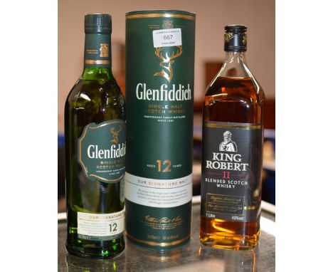 GLENFIDDICH 12 YEAR OLD SINGLE MALT SCOTCH WHISKY, WITH PRESENTATION BOX - 70CL, 40% VOL &amp; KING ROBERT II BLENDED SCOTCH 