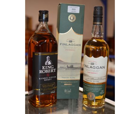 FINLAGGAN OLD RESERVE ISLAY SINGLE MALT SCOTCH WHISKY, WITH PRESENTATION BOX - 700ML, 40% VOL &amp; KING ROBERT II BLENDED SC