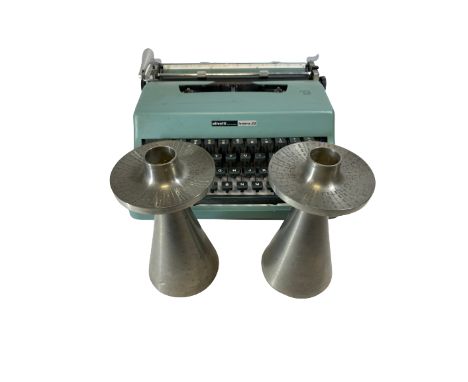MASTAD NORWEGIAN PEWTER CANDLEHOLDERS, A PAIR - 15.5cms tall, and an Olivetti Lettera 32 portable typewriter