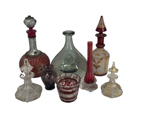 RUBY GLASS DECANTERS, stoppered scent bottles, facet form, clear glass onion shape bottle with crowned head seal, 22cms H
