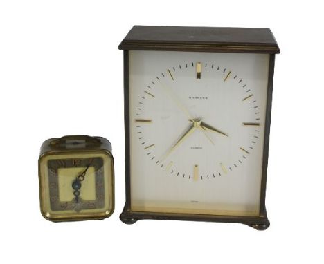 VINTAGE GARRARD BEDROOM CLOCK IN BRASS, French made, 14cms H and a brass carriage clock, 6cms H