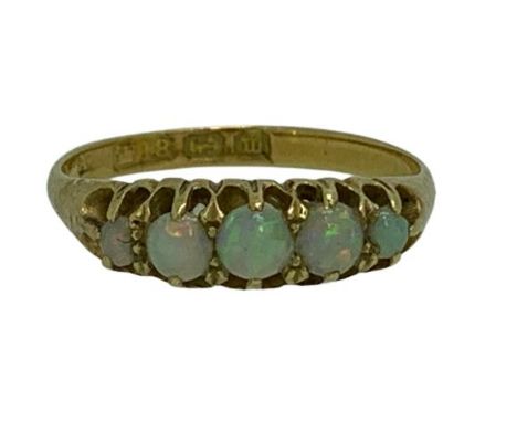 18CT GOLD 5 STONE OPAL RING, DATED 1886 - 2.2grms, size mid L-M