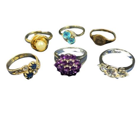 18CT, 9CT, SILVER &amp; OTHER DRESS RINGS (6) to include an 18ct gold diamond and blue sapphire crossover ring, size Mid L-M,