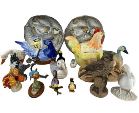 ORNAMENTAL BIRD FIGURINES, TUREENS &amp; PLATES - a mixed collection to include a Worcester ceramic Blue Tit on a metal stand
