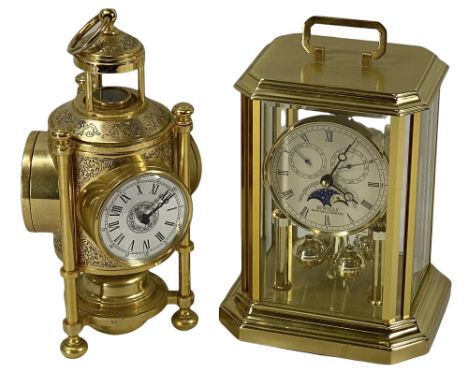CLOCKS (2) - Industrial Series type reproduction mantel clock, 25cms tall and a brass effect Sewills carriage clock
