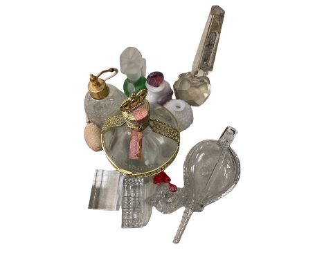 MIXED ORNAMENTAL GLASSWARE &amp; SCENT BOTTLES to include an interesting bottle in the form of vintage bellows, a facet cut p