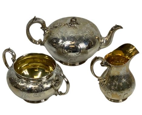 VICTORIAN &amp; LATER 3 PIECE SILVER TEA SERVICE - London 1848 and 1904 comprising squat globular teapot with fruit finial, 1